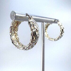 Sterling Silver 925 Ornate Textured Hoop Earrings Hinged Posts Size 0.75" Length